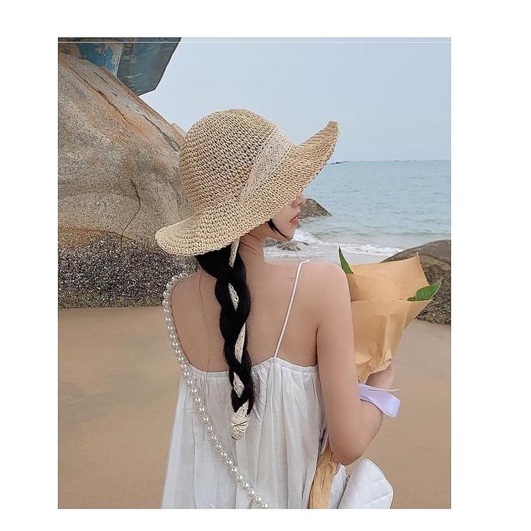 Mũ nón cói nữ đi biển vành rộng thời trang cao cấp tiểu thư có dây buộc - TB9