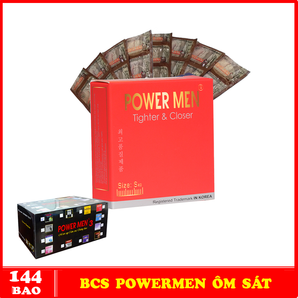 Bao cao su Powermen size nhỏ ôm sát (hộp 144 cái)- Bộ 144 BCS Powermen cho gia đình mỏng trơn (Size 49mm) - Chính Hãng 100%
