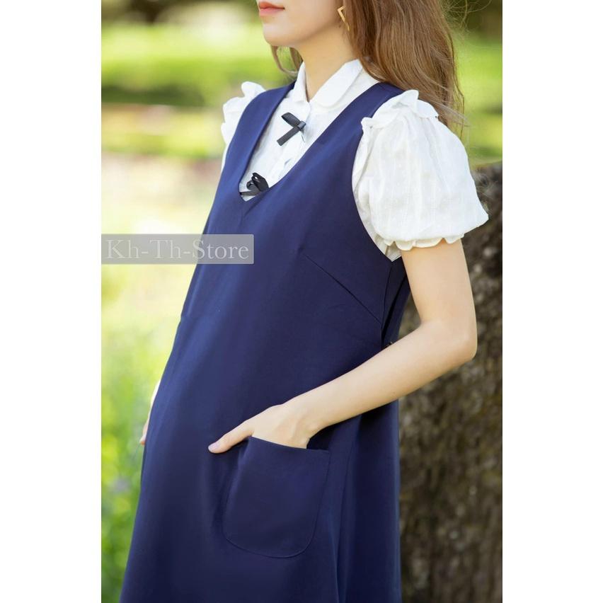 Đầm bầu yếm xanh đen công sở, yếm rời kết hợp vào áo thun hoặc áo sơ mi,