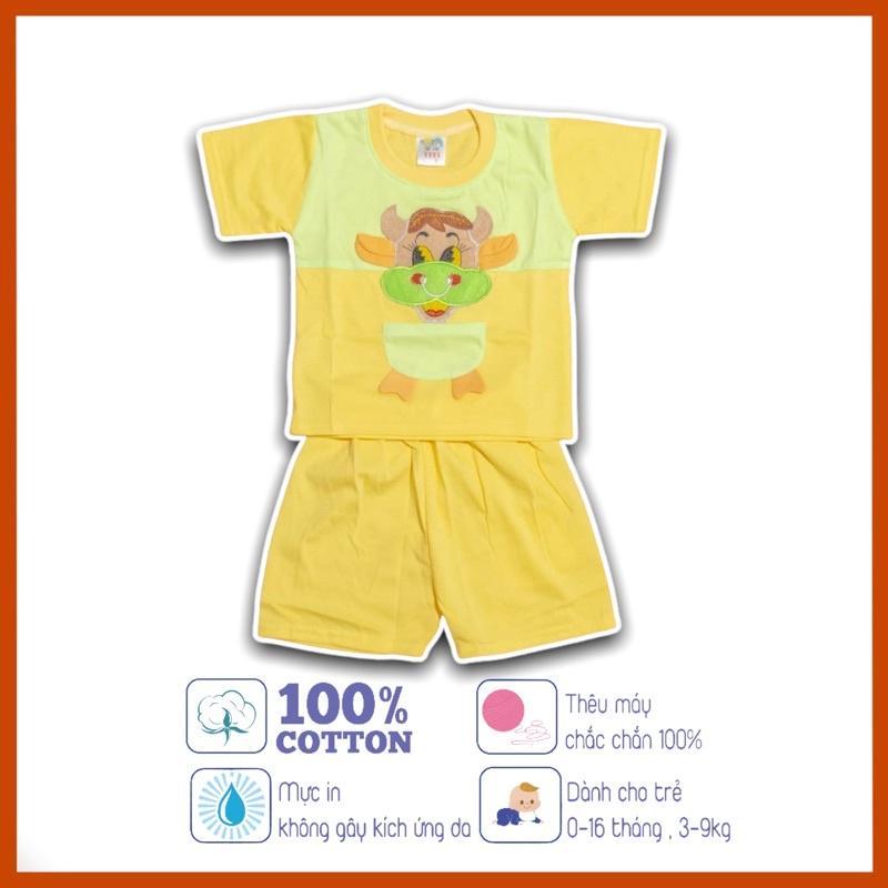 Set áo quần cộc tay trẻ em sơ sinh  thêu hình con trâu - 5 màu - dành cho trẻ 3 - 9kg