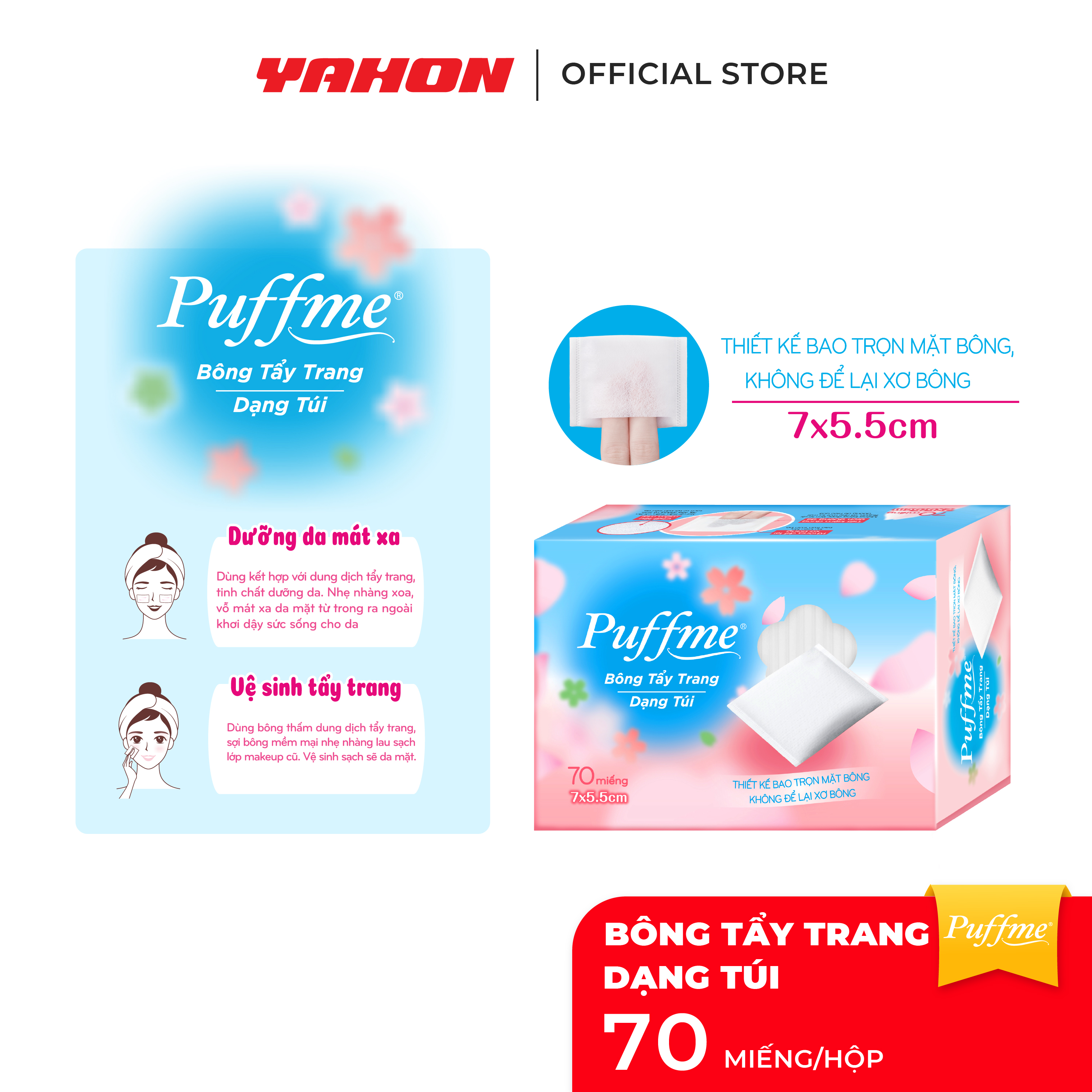 Hộp Bông Tẩy Trang Dạng Túi PUFFME, 70 Miếng/Hộp