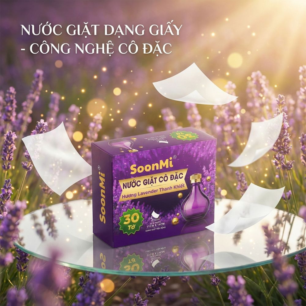 Nước Giặt Cô Đặc SoonMi Hương Lavender - Công Nghệ Giặt Tẩy Thế Hệ Mới (Hộp 30 Tờ) - hàng chính hãng