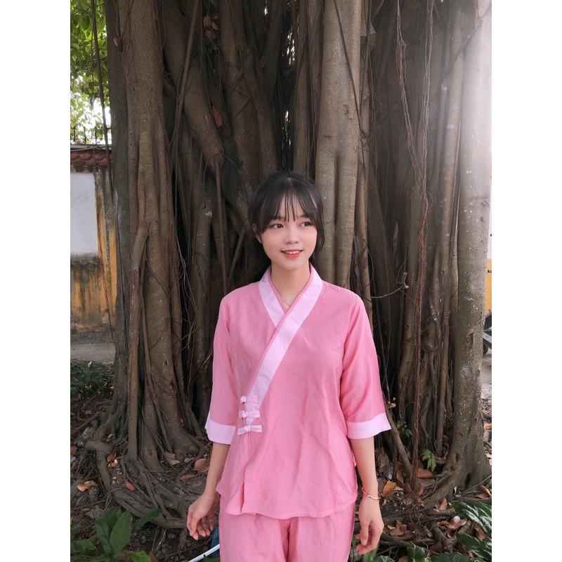 Thời trang nữ, đồ lam đi chùa, áo lam cao cấp nút phối