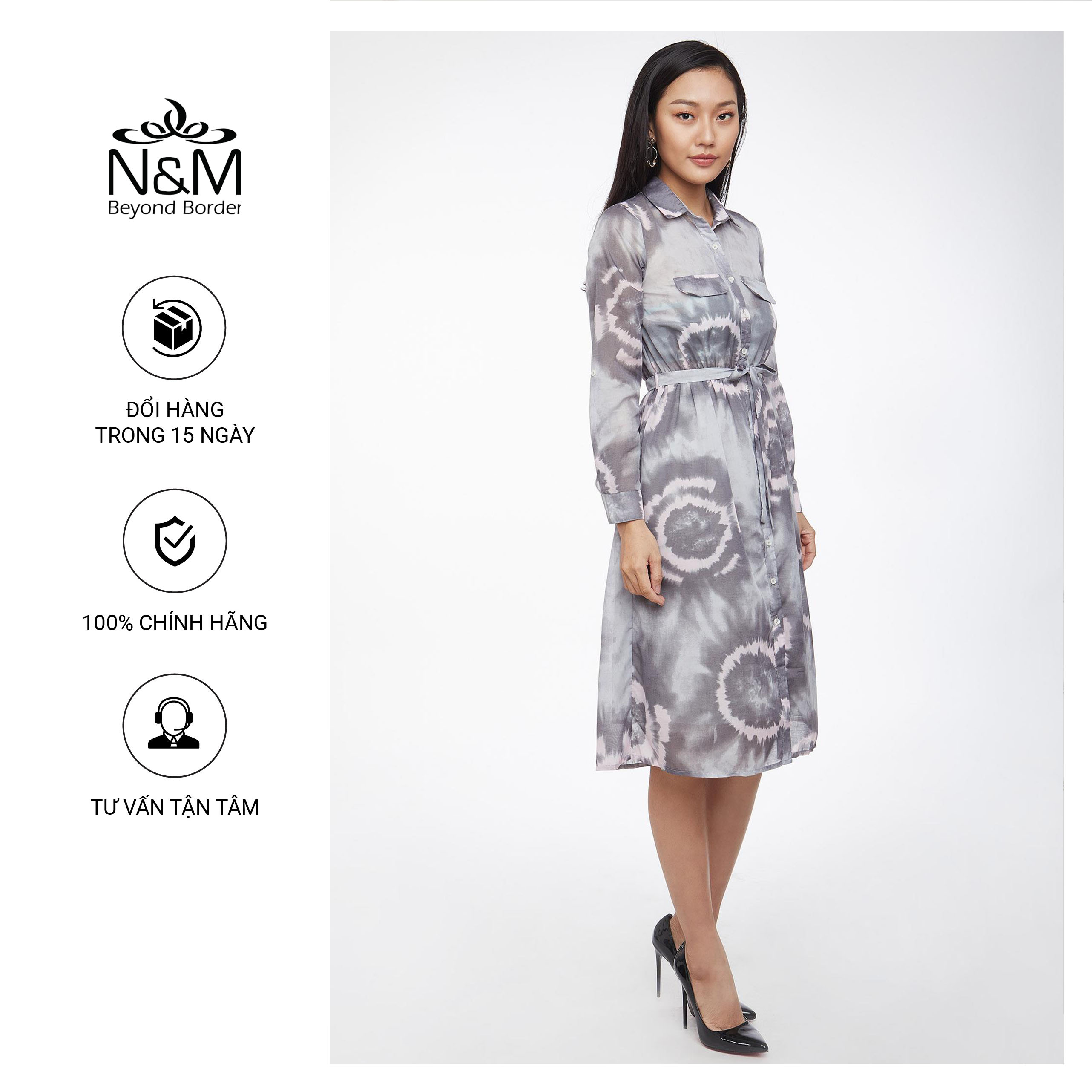 Đầm Nữ tay dài cổ bẻ dáng suông họa tiết nổi bật  N&amp;M mã 1906062