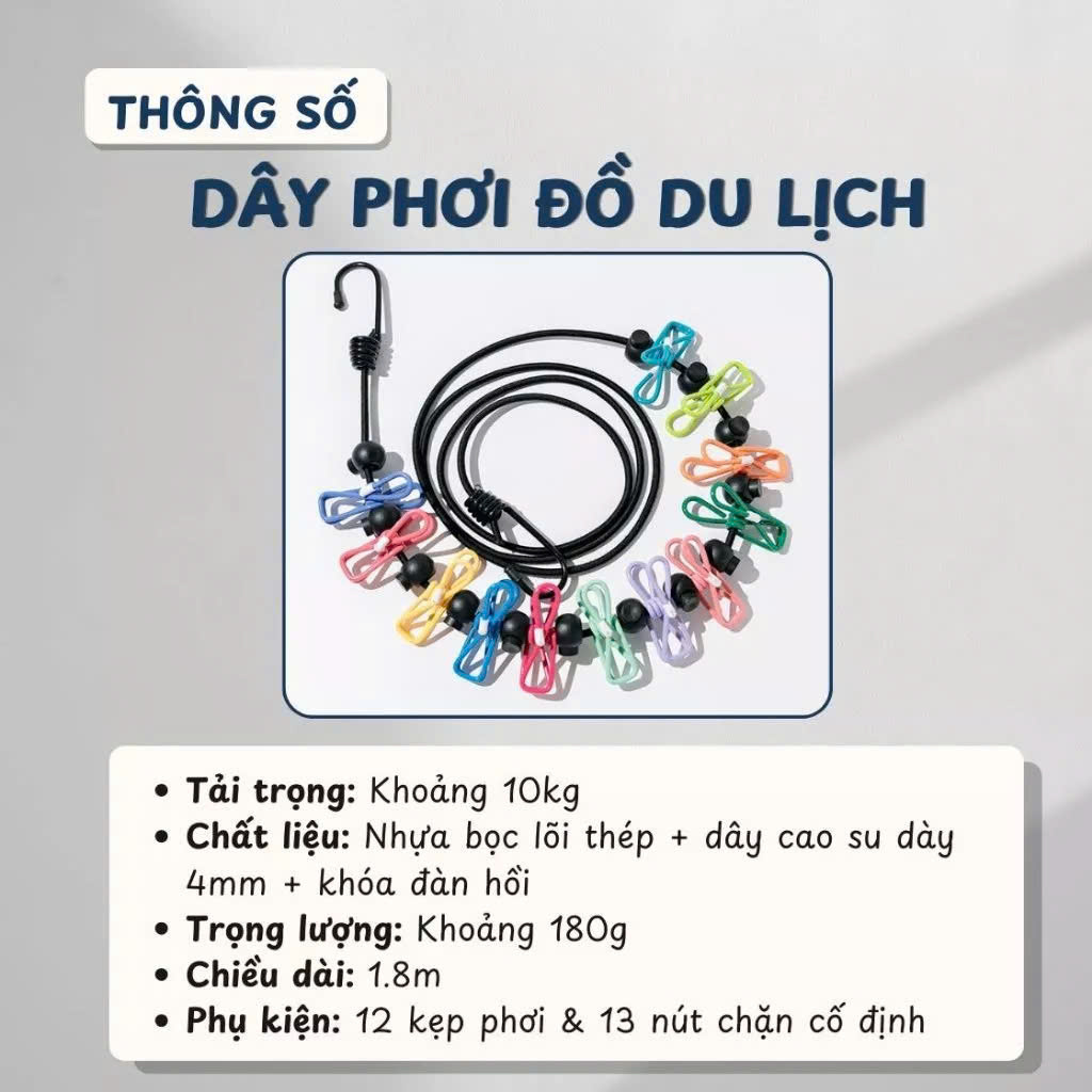 Dây Phơi Đồ Du Lịch Co Giãn 1.8m Kèm 12 Kẹp, Dây Phơi Quần Áo Du Lịch Gấp Gọn Treo Cắm Trại - HÀNG CHÍNH HÃNG MINIIN
