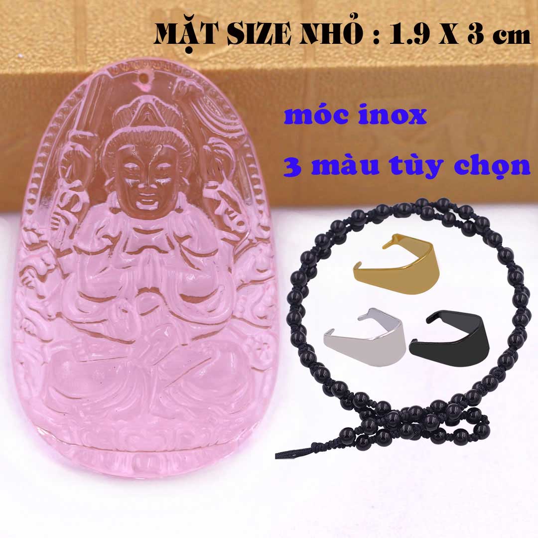 Mặt Phật Thiên thủ thiên nhãn pha lê hồng 1.9cm x 3cm  kèm vòng cổ hạt chuỗi đá đen + móc inox vàng, Phật bản mệnh, mặt dây chuyền