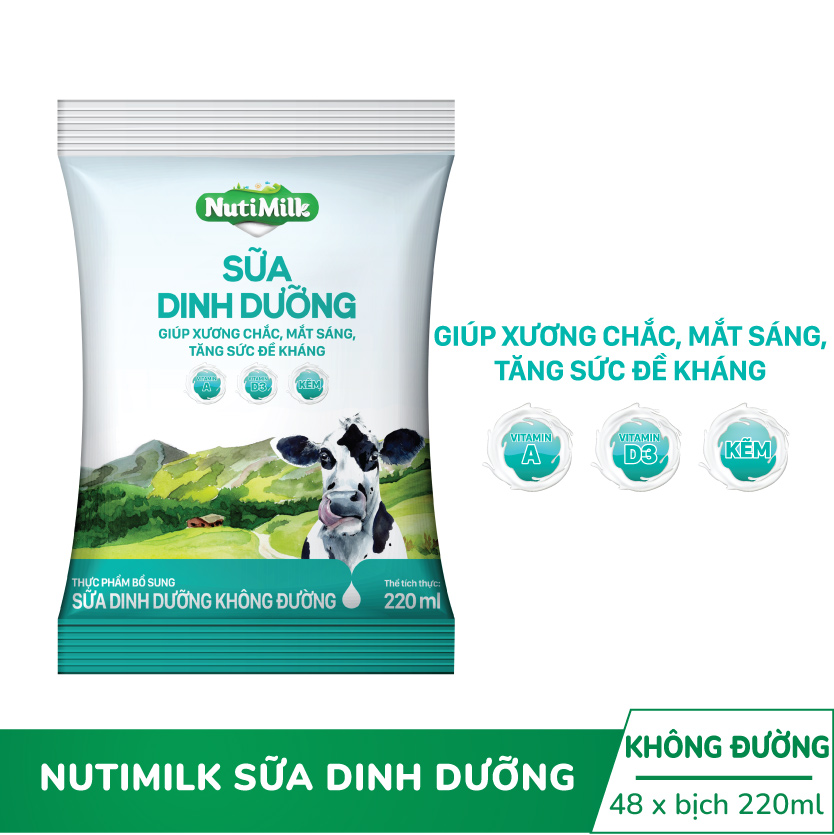 Thùng 48 bịch Nutimilk Sữa dinh dưỡng Không đường 220ml