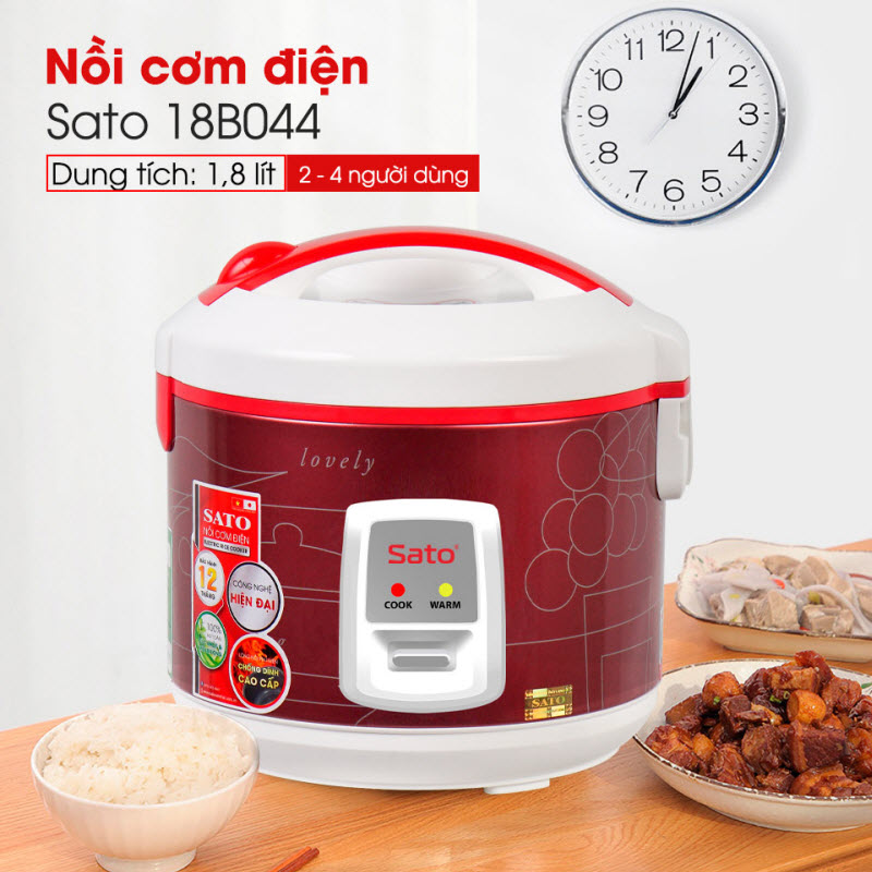 Nồi cơm điện SATO 18B044 1.8L - Lòng nồi hợp kim nhôm phủ chống dính cao cấp, an toàn cho sức khỏe - Miễn phí vận chuyển toàn quốc - Hàng chính hãng