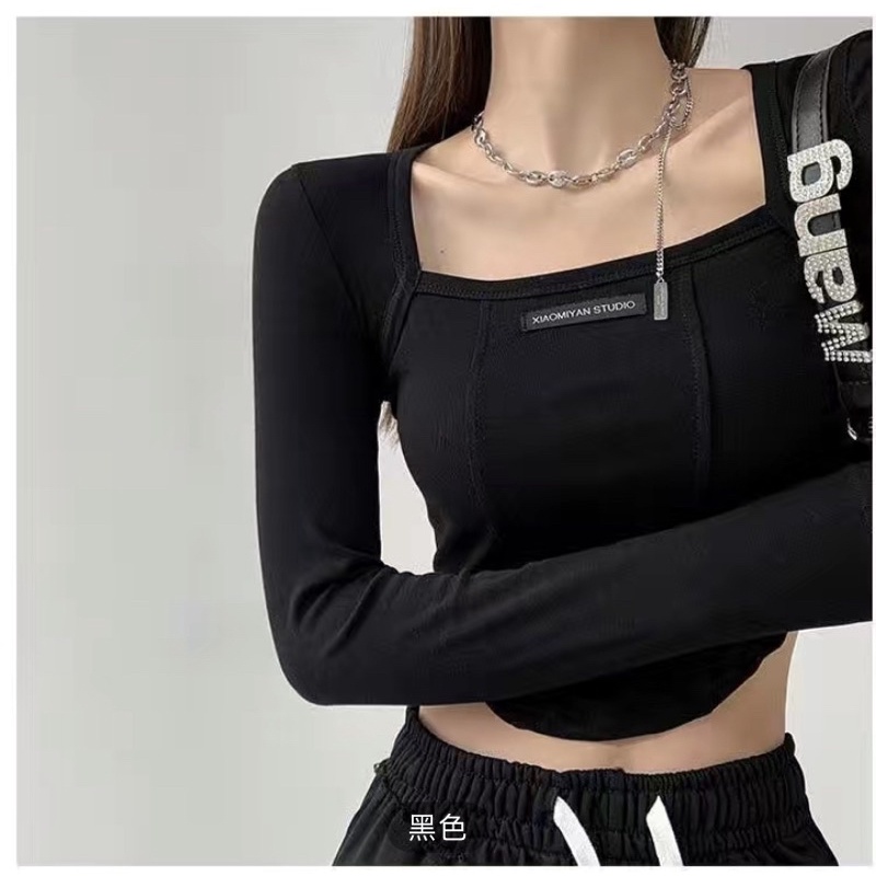 Áo nữ cổ vuông dài tay dáng croptop, Áo kiểu sang chảnh mặc 4 mùa