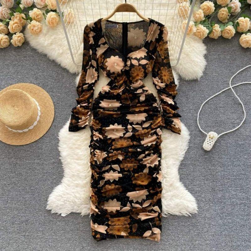 HÀNG NHẬP - ĐẦM BODY THUN LƯỚI HOA TAY DÀI