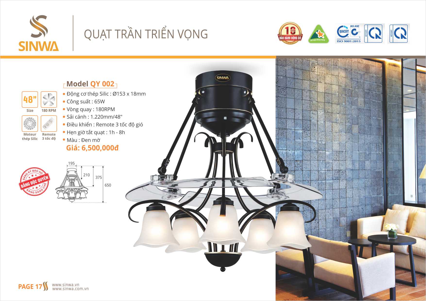 QUẠT TRẦN TRIỂN VỌNG SINWA QY002 (Hàng chính hãng)