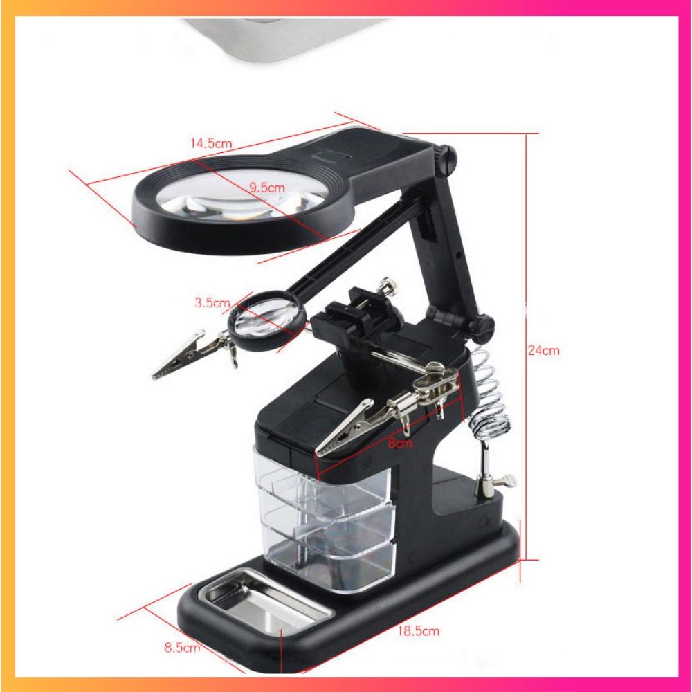 Kính lúp để bàn đa chức năng có đèn LED hàn mạch điện tử 3X - 4.5X - 25X có hộp đựng phụ kiệnKL04