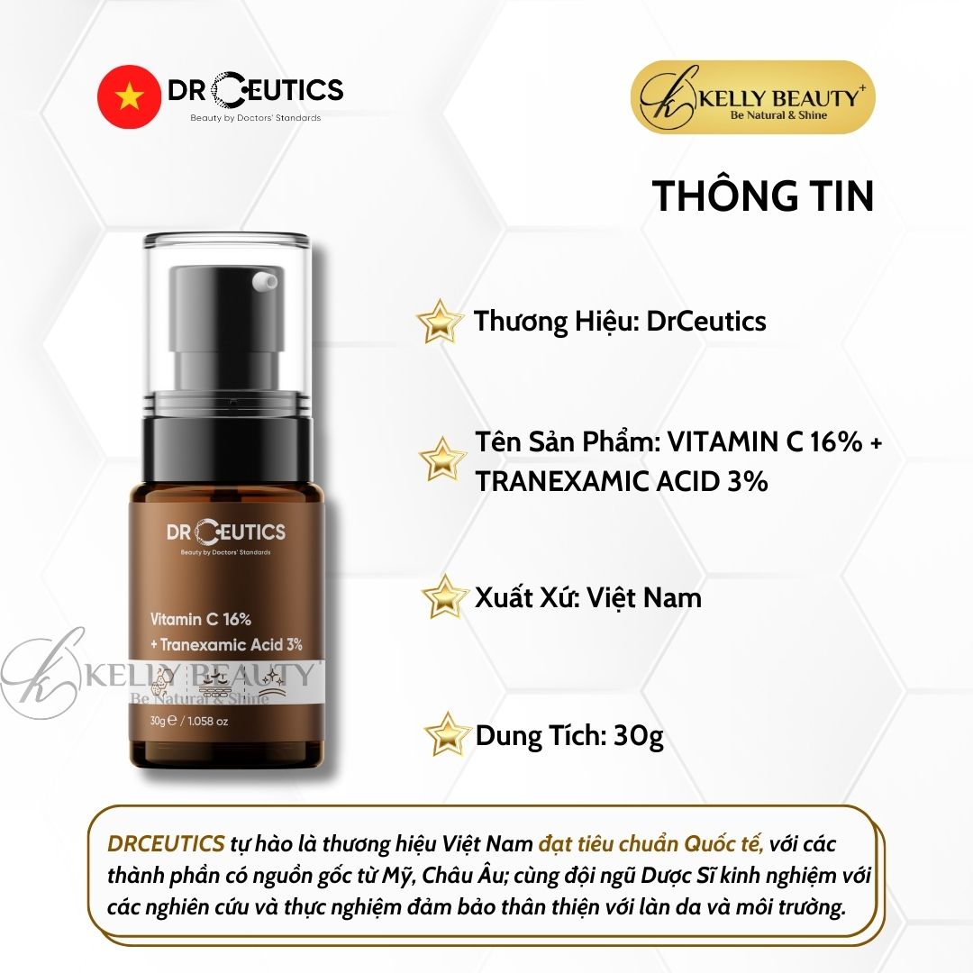 DrCeutics Vitamin C 16% + Tranexamic 3% - Tinh Chất Chống Lão Hóa, Sáng Da, Mờ Thâm Nám | Kelly Beauty