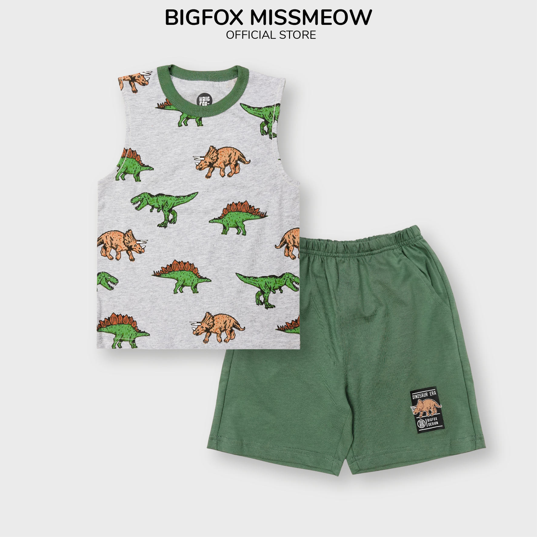 Bộ sát nách bé trai Bigfox Miss Meow mùa hè size đại vải cotton kiểu ba lỗ in khủng long 3,7,9,11 tuổi 30kg 40kg 1931