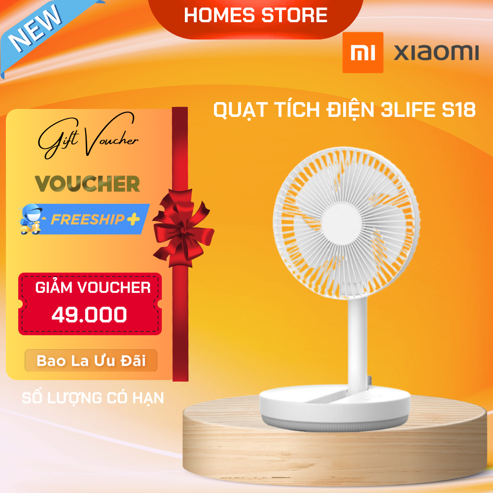 Quạt Tích Điện Gấp Gọn Xiaomi 3Life S18 Sử Dụng 4-12 Giờ Liên Tục - Hàng Nhập Khẩu