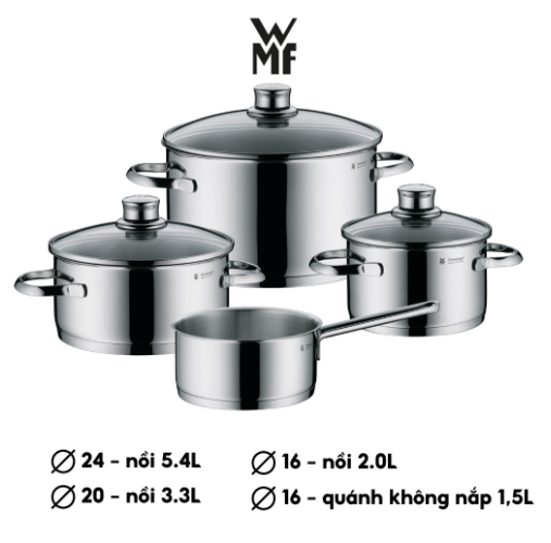 Bộ Nồi Đáy Từ WMF Saphir 4 Món Cookware Set Đáy 3 Lớp Nguyên Khối- 0725116380