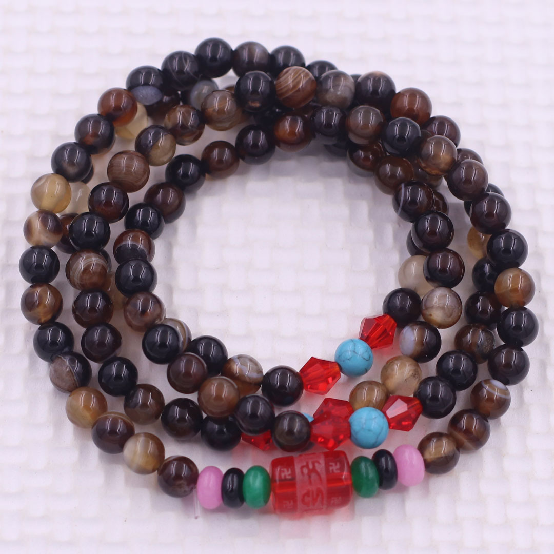 Vòng chuỗi 108 hạt mã não nâu sọc charm lục tự kim ngôn - hạt 8 ly , vòng chuỗi niệm Phật, vòng chuỗi đeo tay