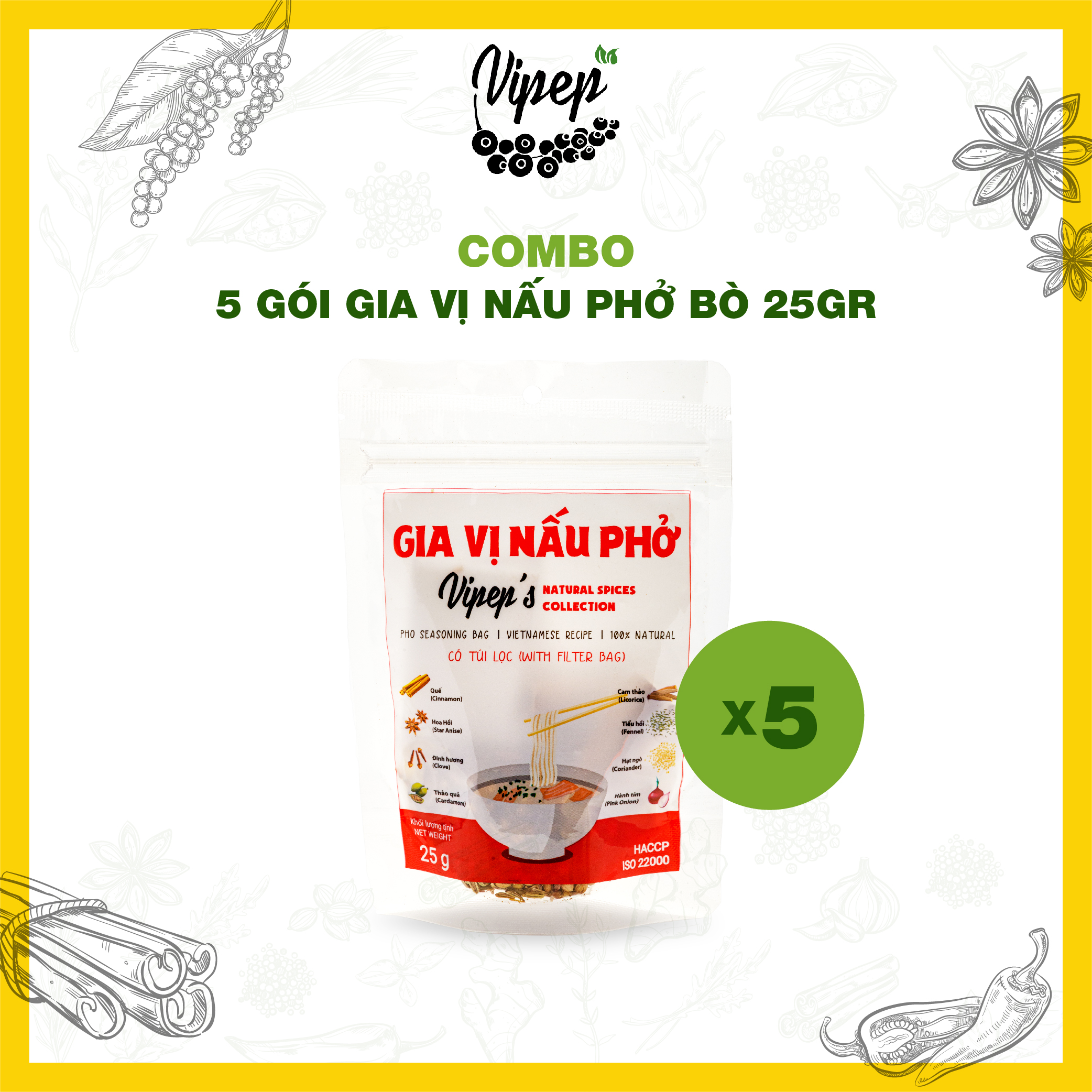 Combo 5 Gói Gia Vị Nấu Phở Vipep  - Gia Vị Nấu Phở Bò