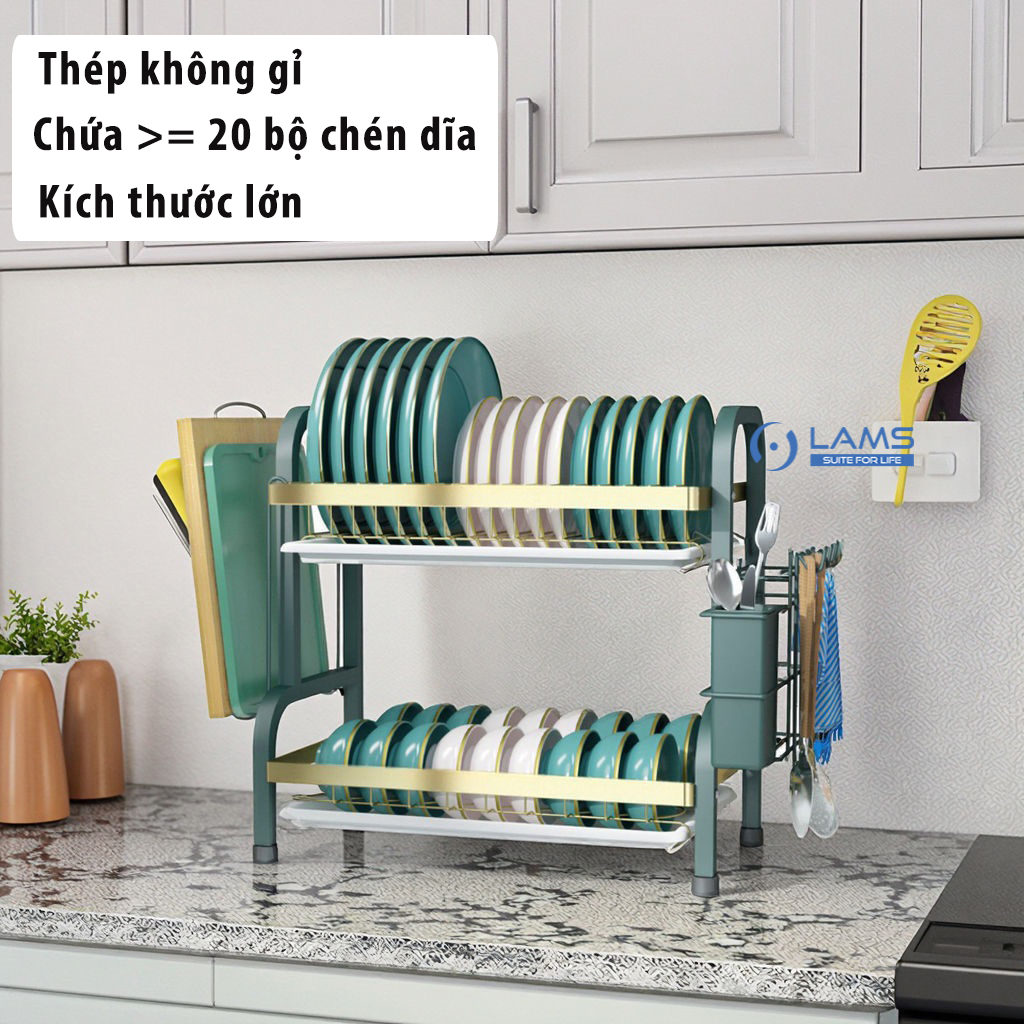 [Size lớn] Kệ úp bát đĩa 2 tầng bằng thép không gỉ sơn tĩnh điện kết hợp giá dắt dao thớt