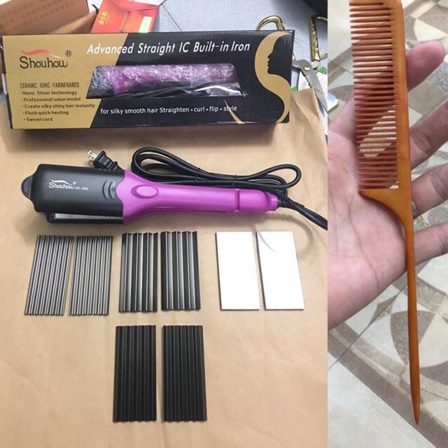 Combo Máy Bấm Duỗi Tóc Thay Lưỡi Shouhow Cao Cấp và Lược Gỗ Chuôi Nhọn Chia Tóc