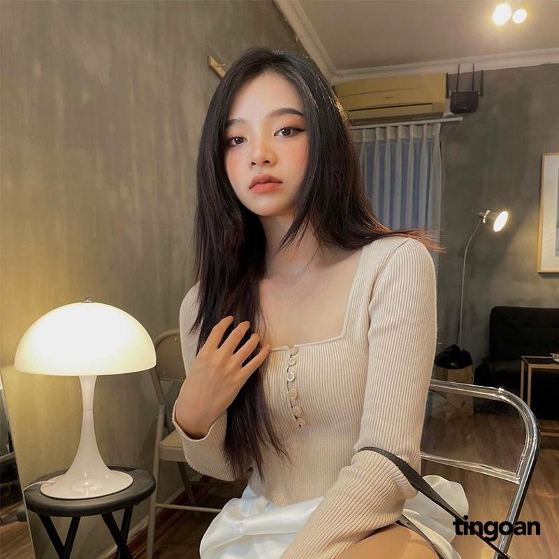 Áo len dài tay cổ vuông dọc cúc vàng nhạt tingoan DREAMLIKE TOP/YL