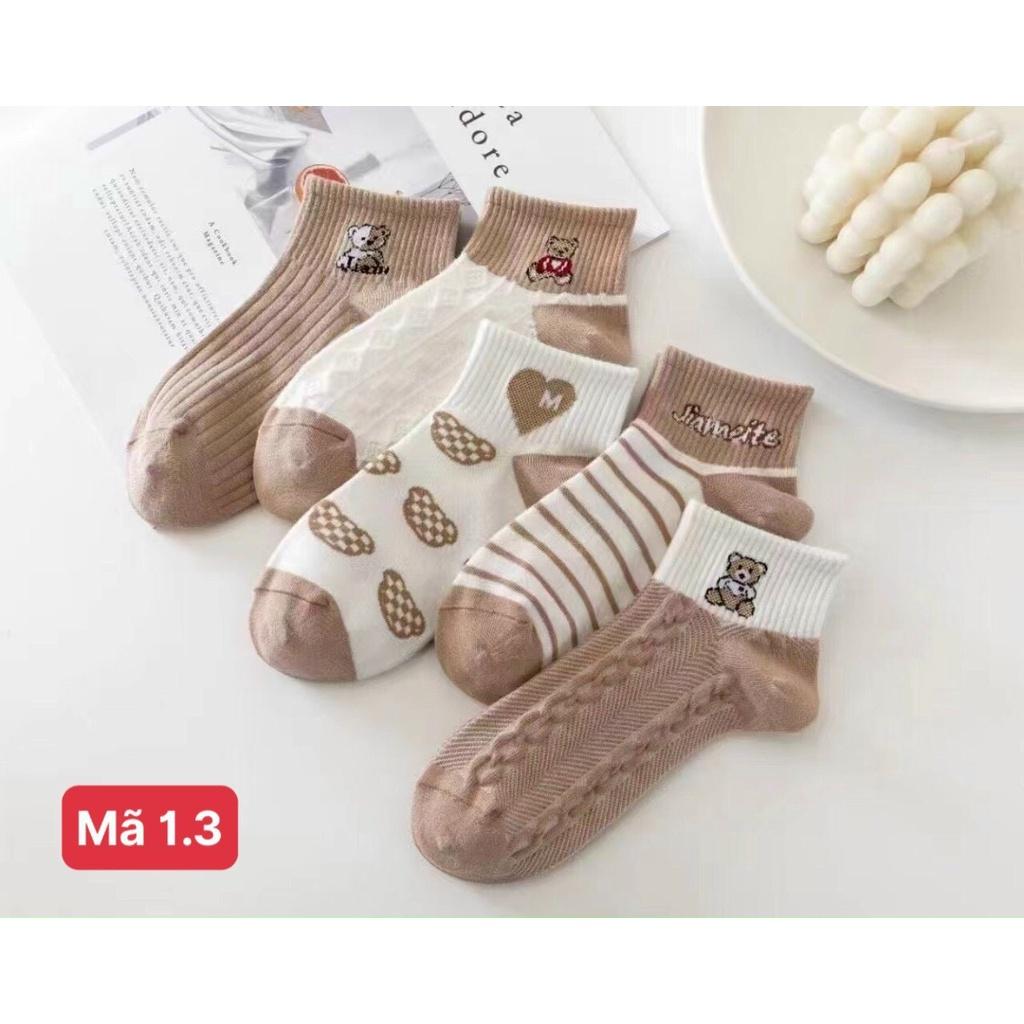 Tất nữ vớ cổ ngắn set 5 đôi nâu sữa họa tiết cute phong cách Hàn Quốc trẻ trung chất liệu co giãn thoáng mát
