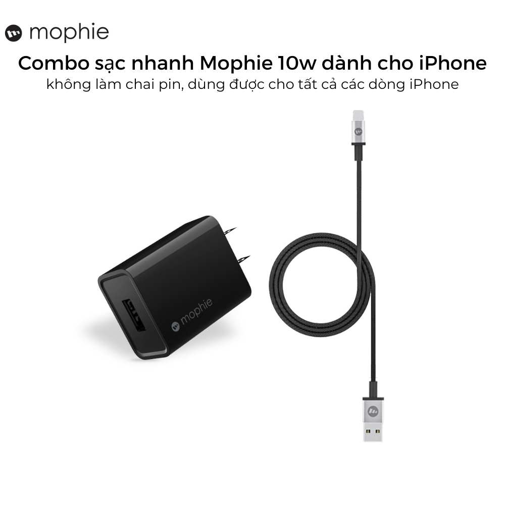 Combo sạc nhanh Mophie usb-A to LN 10W dành cho IP/Táo - Hàng chính hãng