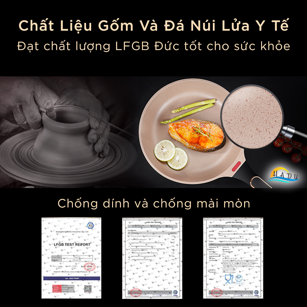 Chảo Đá Chống Dính Ceramic Cao Cấp Bếp Từ Có Nắp 26cm 28cm Cảm Biến Nhiệt Độ Thông Minh Đạt Chất Lượng LFGB Đức SSGP