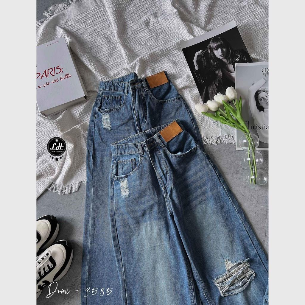 Quần jean nữ ống rộng, quần bò màu xanh rách gối rách lưng có tag cạp cao Lê Huy Fashion MS 3585