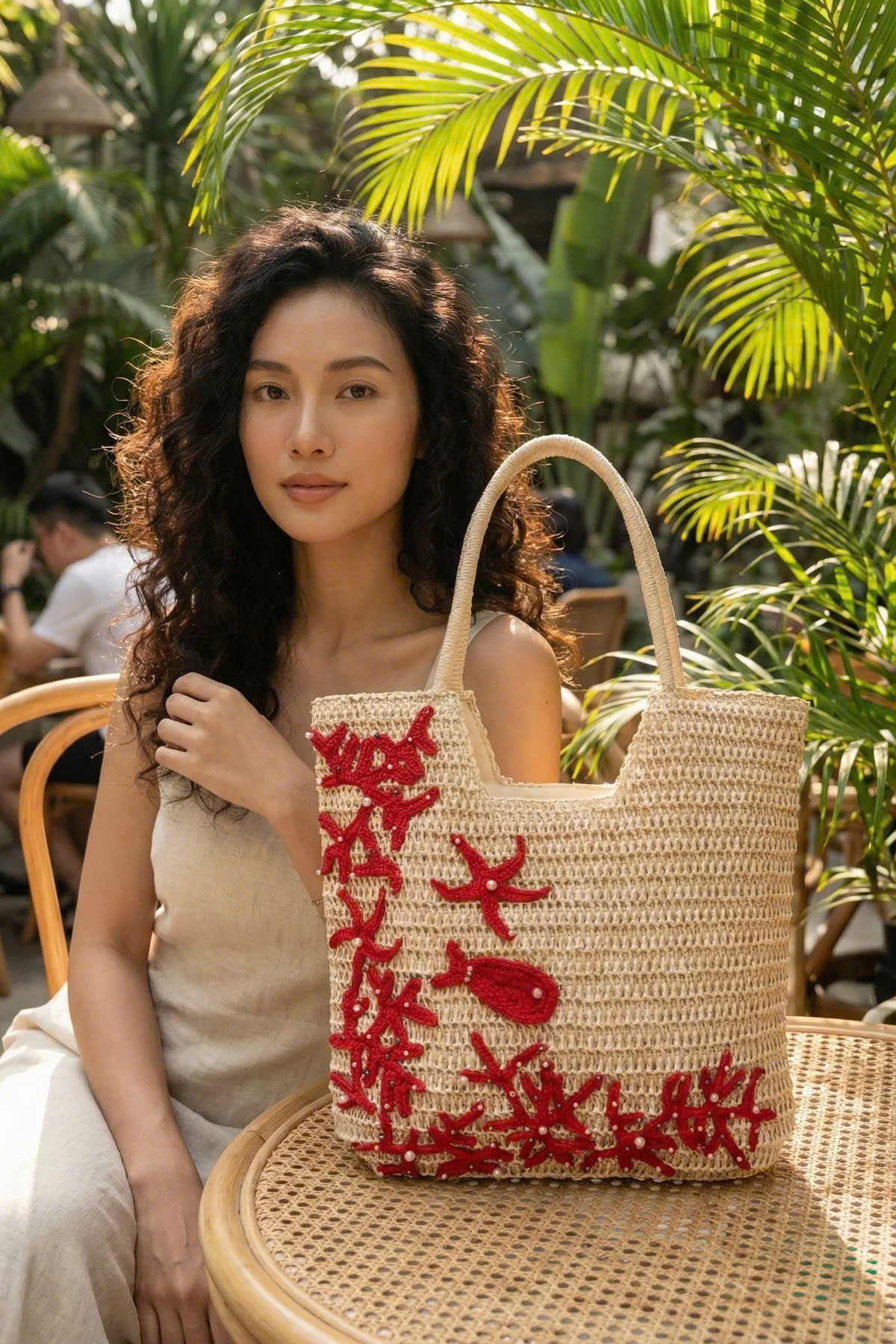 Giỏ Cói Tote Mềm Trang Trí Móc Len thời trang thiết kế Hity Acc018