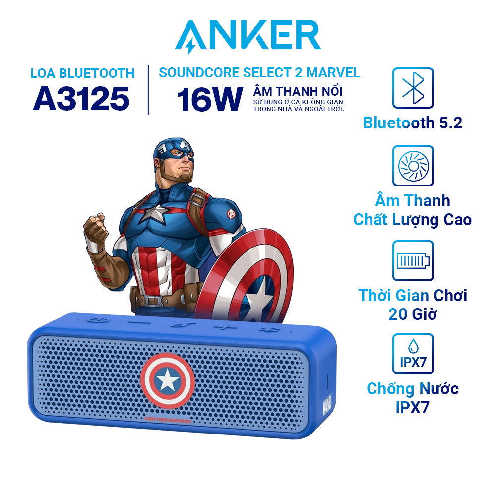 Loa Bluetooth Soundcore By ANKER Select 2 - Phiên Bản Marvel - A3125, Bluetooth 5.0 Chống NướC IPX7 - Hàng Chính Hãng