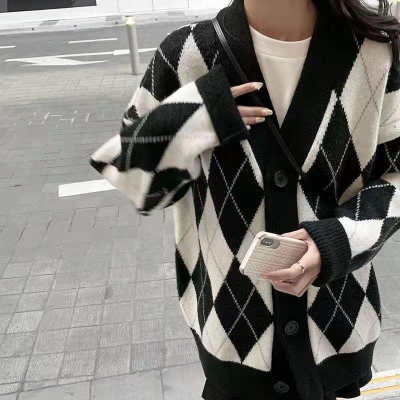 Khoác Len Cardigan | Áo Cardigan Len Thu Đông Cổ V Họa Tiết Hình Thoi Phong Cách Hàn Quốc, Thời Trang Ulzzang