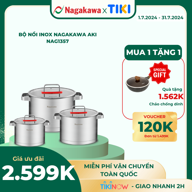 Bộ 3 Nồi Inox 304 Đa Lớp Toàn Phần Nagakawa Aki Nag1357 - Dùng Trên Mọi Loại Bếp - Hàng Chính Hãng
