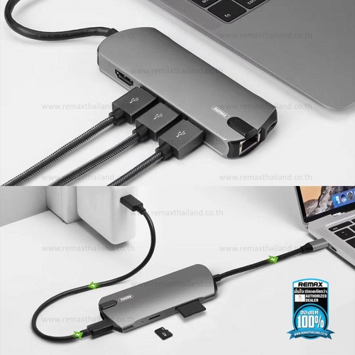 Bộ cổng chuyển đổi Hub Remax RU-U50 6 in 1 cổng Type C ra USB 3.0 + HDMI + Cổng Lan + Đầu đọc thẻ nhớ - Hàng chính hãng