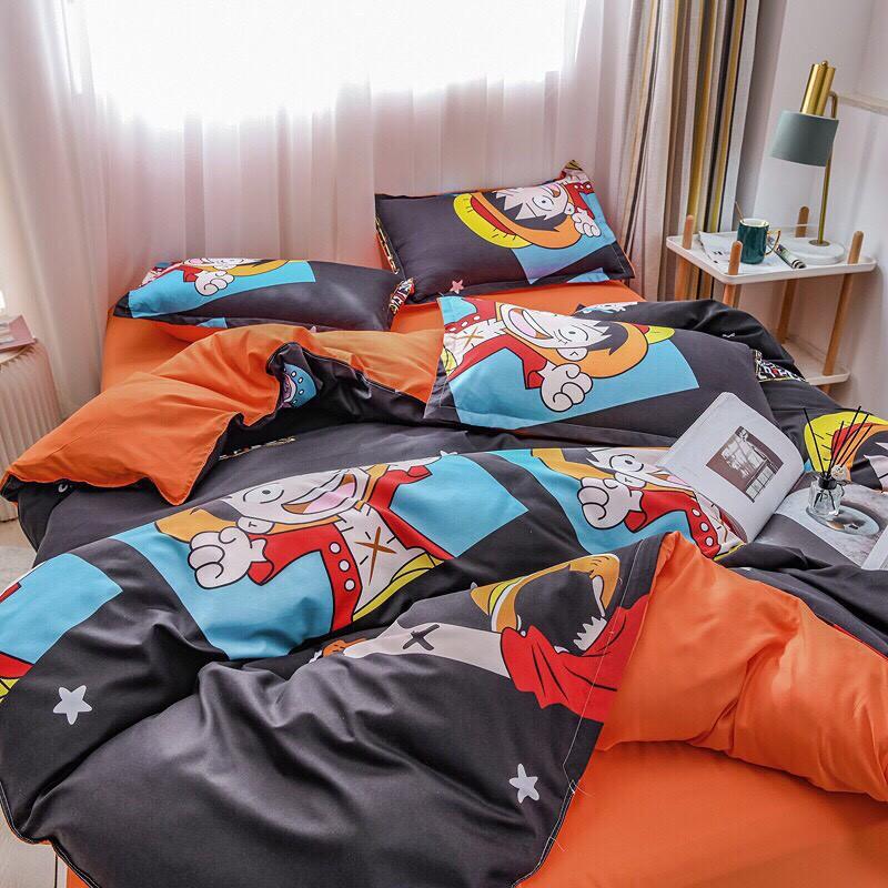 Bộ chăn ga gối Cotton poly M2T Bedding Lufy mũ rơm, vỏ chăn mền, drap nệm và 2 vỏ gối