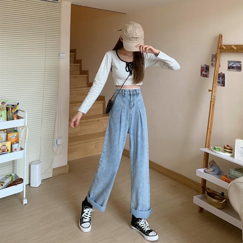 Quần jeans ống suông rộng viền ren cạp cao xanh nhạt