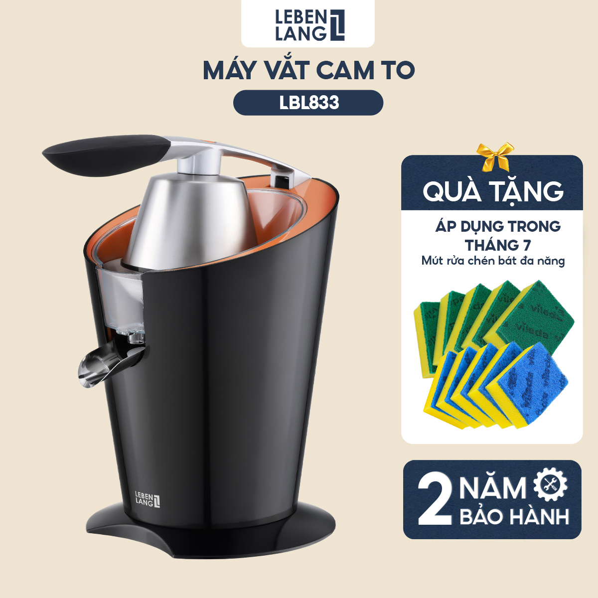 Máy vắt cam Lebenlang LBL833, công suất lớn 1000W, dung tích 400ml, vắt kiệt nước, bảo hành 2 năm - hàng chính hãng