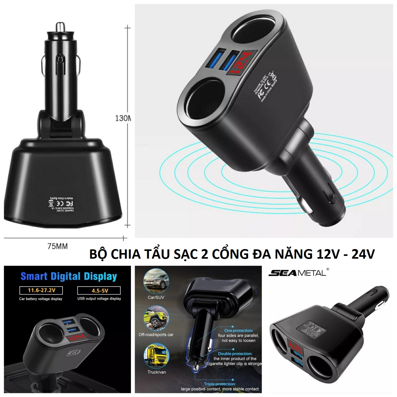 Thiết bị chia tẩu sạc trên xe hơi ô tô 2 cổng đa năng có USB 3.1A kèm đồng hồ báo vôn ắc quy 12v-24v mẫu mới