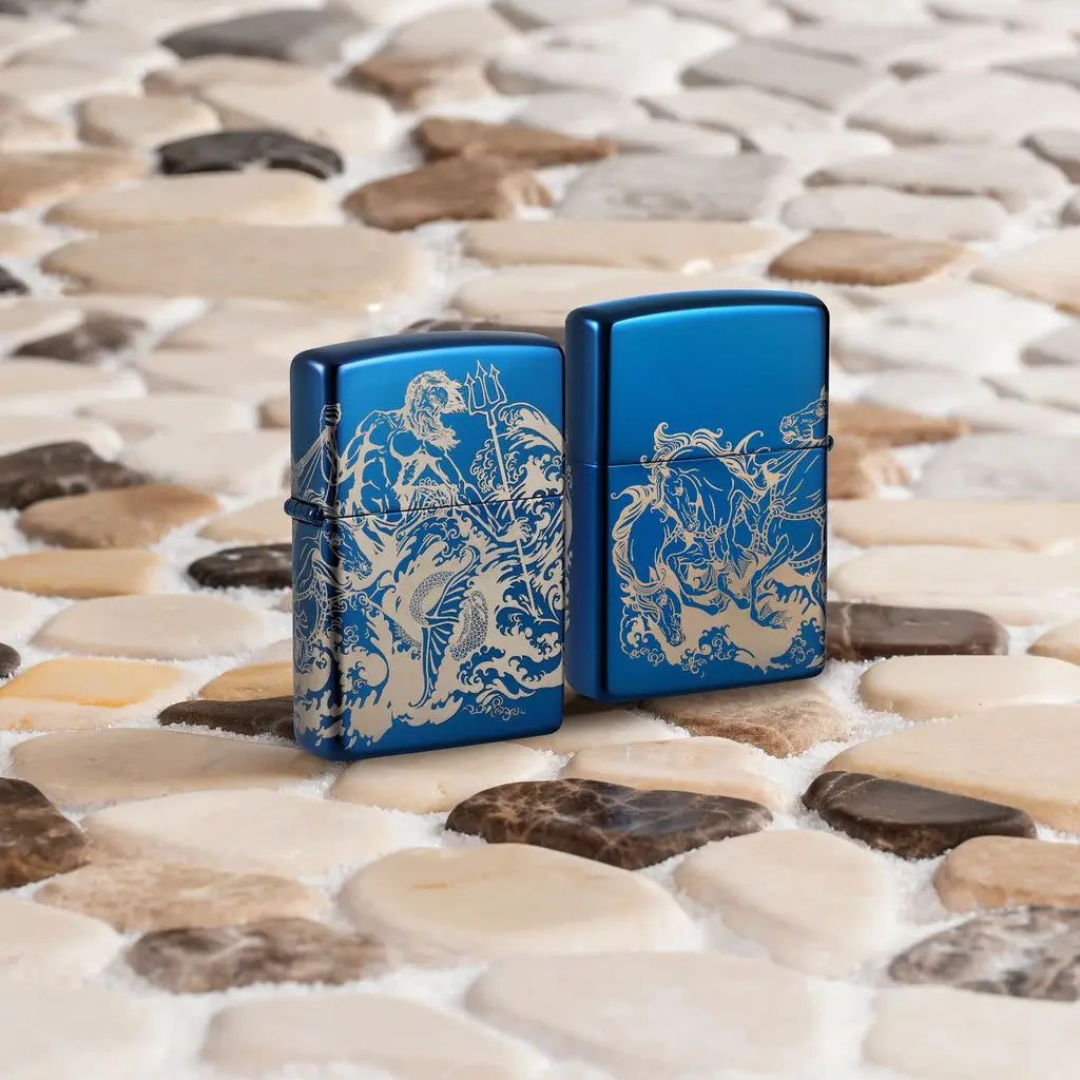 Bật lửa Zippo Atlantis Design - Thiết Kế Thần Biển Poseidon In Tràn Viền 360 Độ, Vỏ High Polish Blue Chính Hãng Mỹ