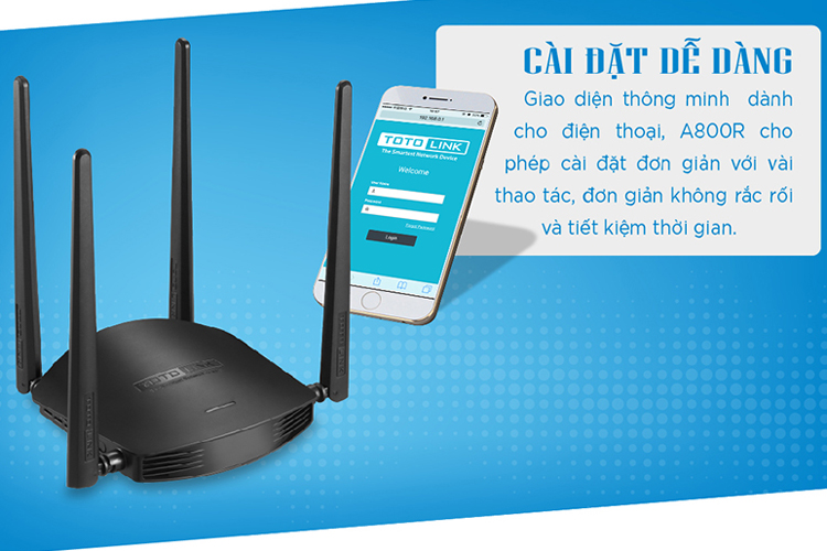 Router Wi-Fi Băng Tần Kép AC1200 Totolink A800R - Hàng Chính Hãng