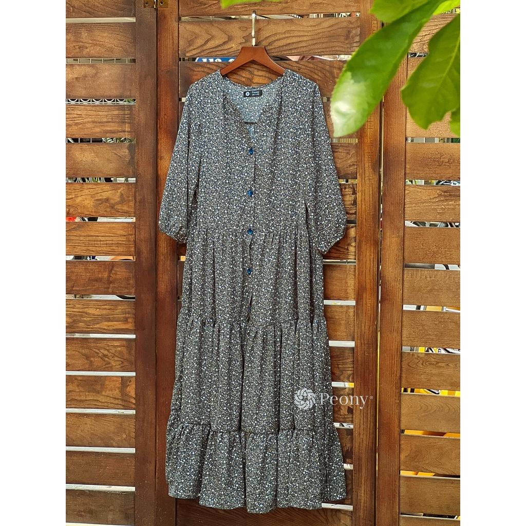 Váy suông, 3 tầng hoa nhí vintage, tay lỡ thoải mái, có dây buộc sau tạo eo, chất liệu lụa cao cấp Peony - STELLA DRESS
