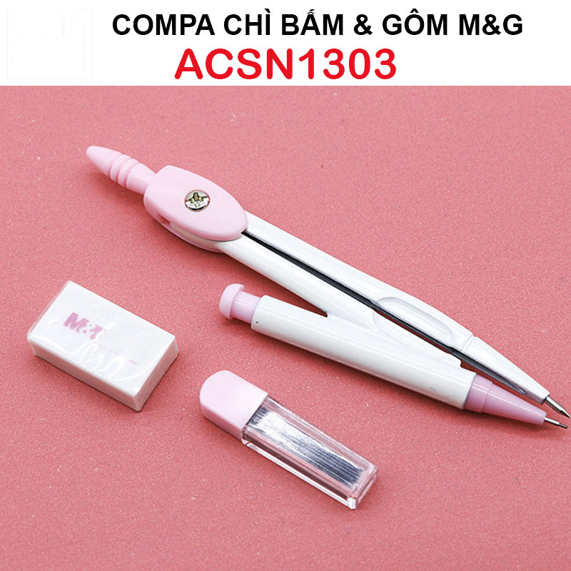 Compa chì bấm, có kèm cuc gôm, hộp ngòi M&amp;G ACSN1303 thân màu hồng hình, hộp hình chú heo dễ thương