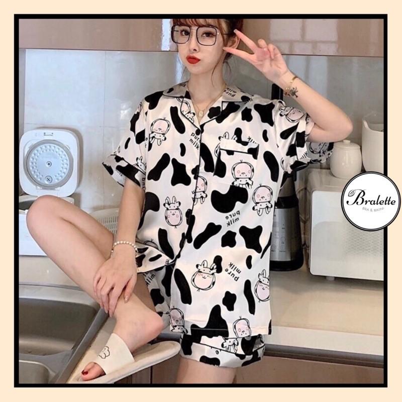 Bộ Pijama lụa cho nữ họa tiết Bò Sữa hot nhất mùa hè 2021- Bộ ngủ đồ mặc nhà chất vải trơn nhẹ cực chất B053