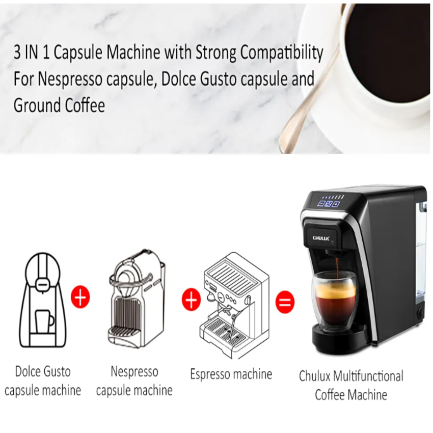 Máy pha cà phê viên nén 3 trong 1 Chulux QF-CM823 - Công suất: 1400W - Bình nước tháo rời 0,8L - HÀNG NHẬP KHẨU