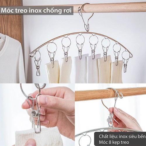 Móc treo quần áo, móc phơi đồ inox chống rơi, có 8 kẹp cố định- Phơi quần áo trẻ em, treo đồ nhà tắm, treo tất vớ, đồ lót - Hàng Chất Lượng
