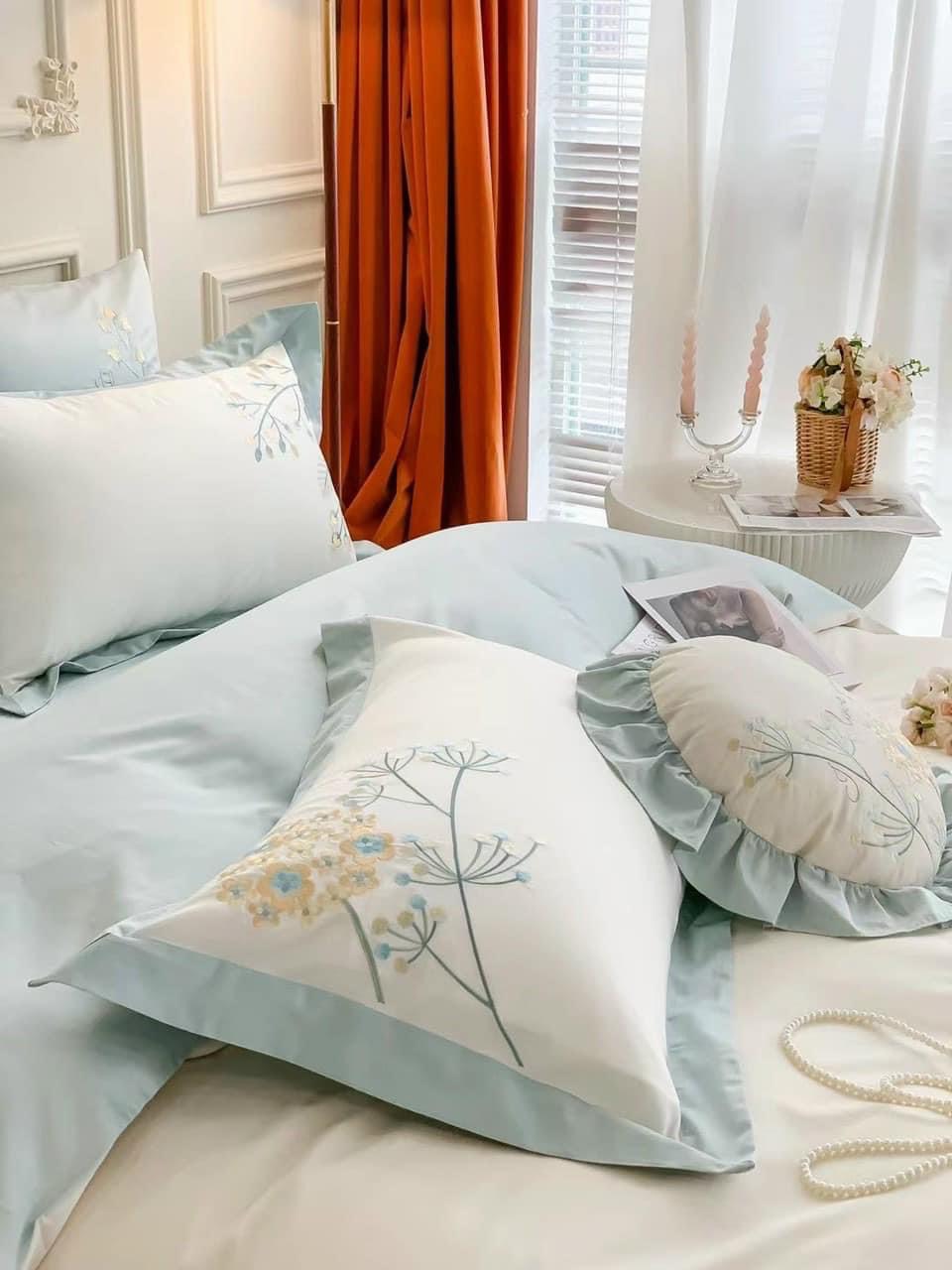 Bộ Chăn Ga Gối Đệm 5 Món Chăn Phao Lụa Sateen 80s Hin Home Bedding Drap Giường Cao Cấp