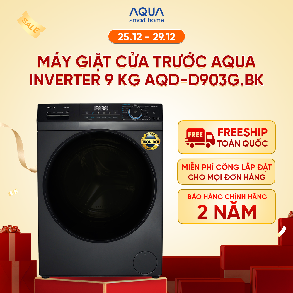 Freeship Toàn Quốc - Máy giặt cửa trước Aqua 9kg AQD-D903G.BK - Bảo hành 2 năm - Hỗ trợ lắp đặt - Hàng chính hãng