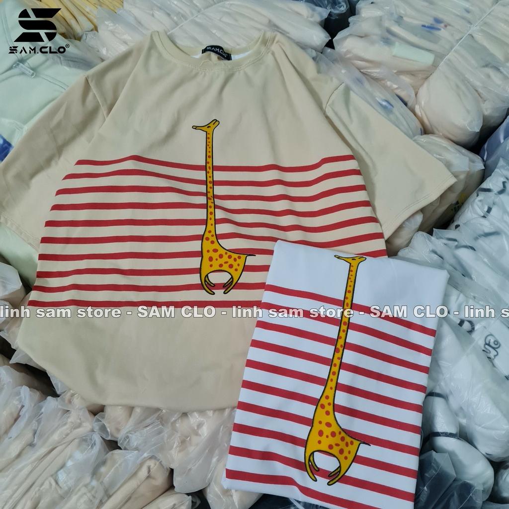Áo thun tay lỡ nữ freesize phông form rộng dáng Unisex - Ulzzang mặc cặp, nhóm, lớp sọc in hình HƯƠU CAO CỔ