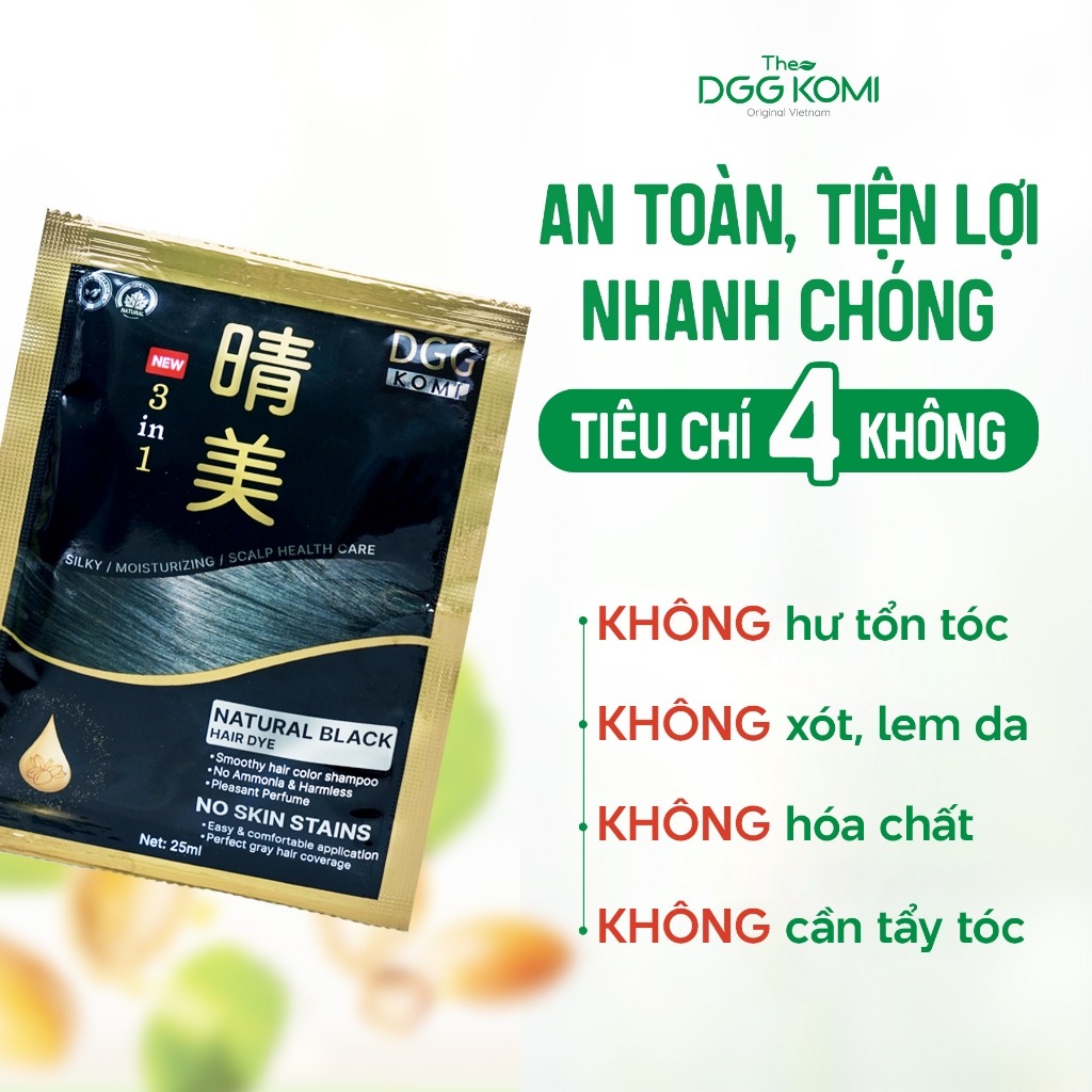 Combo 3 gói dầu gội nhuộm tóc thảo dược DGG KOMI Việt Nam lên màu chuẩn salon chiết xuất thiên nhiên dung tích 25ml/1gói