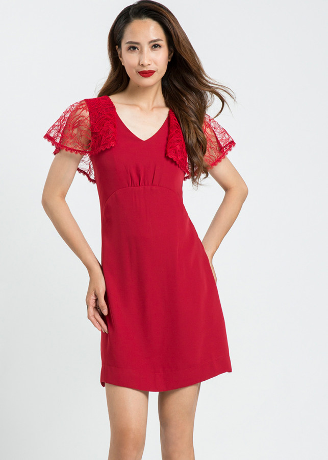Đầm Tay Ren Hity DRE086 (Đỏ Auburn)